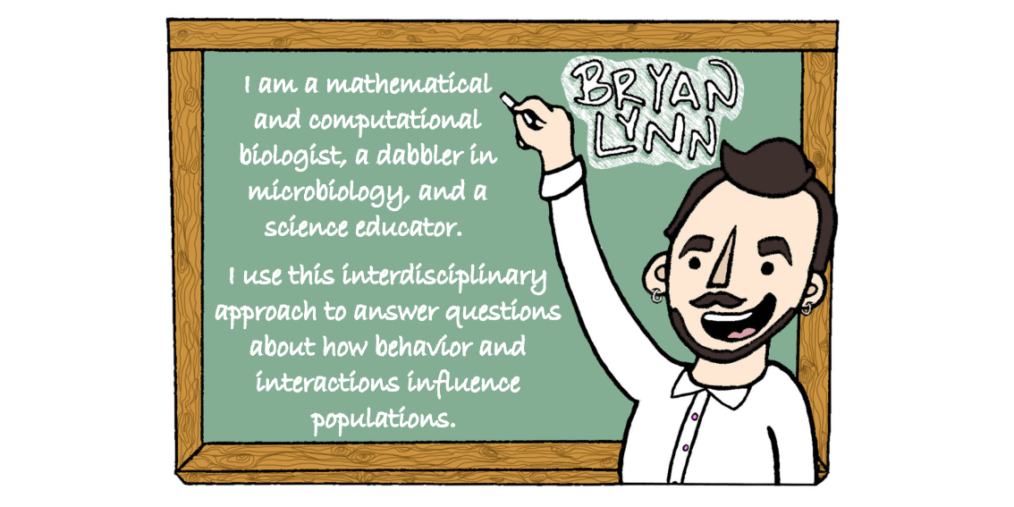Cartoon of Bryan, a masculine-presenting person with short brown hair in a white button-up shirt, in front of a chalkboard holding a piece of chalk.